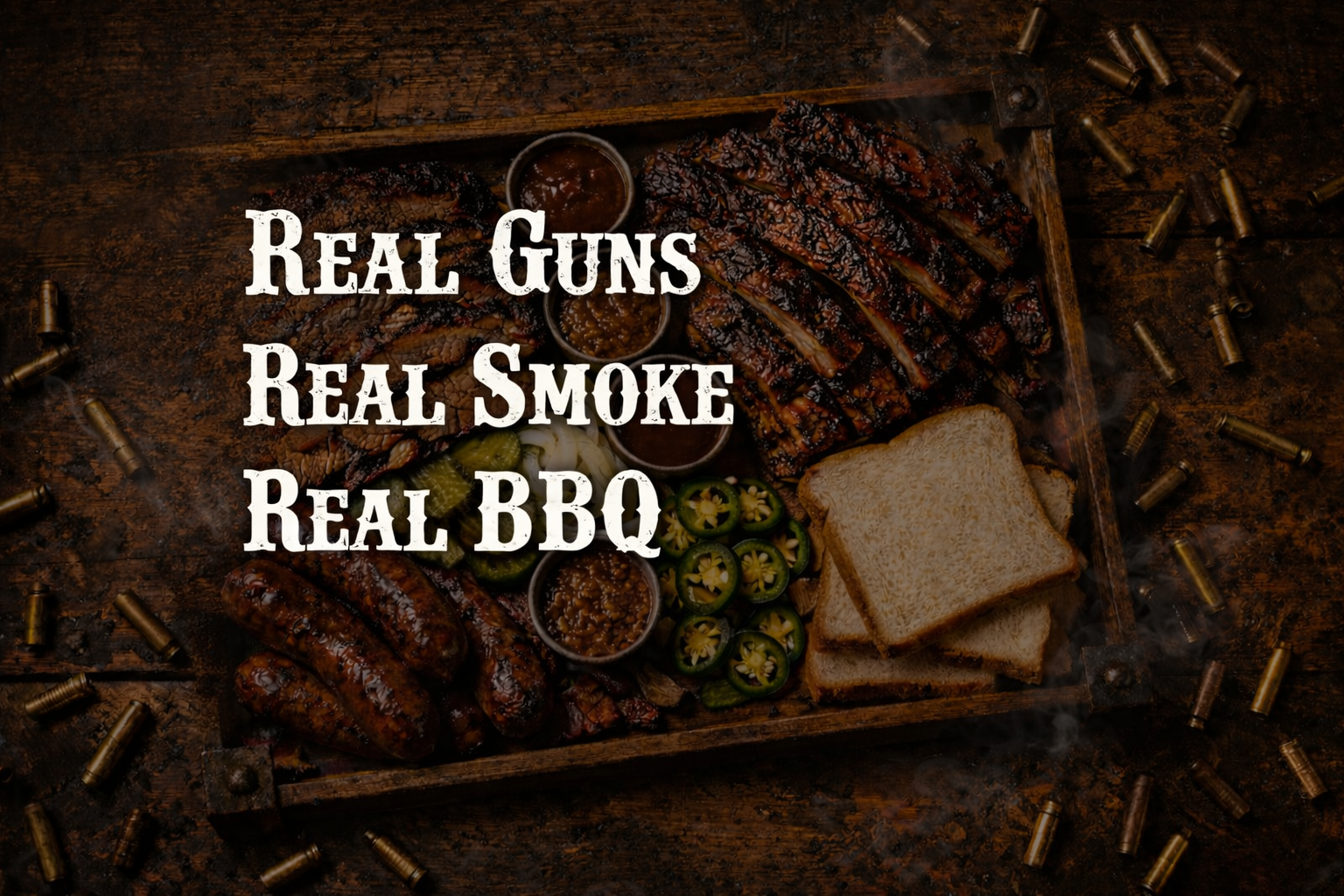 Grilled meats and vegetables on a wooden board with text 'Real Guns Real Smoke Real BBQ' on a dark background.